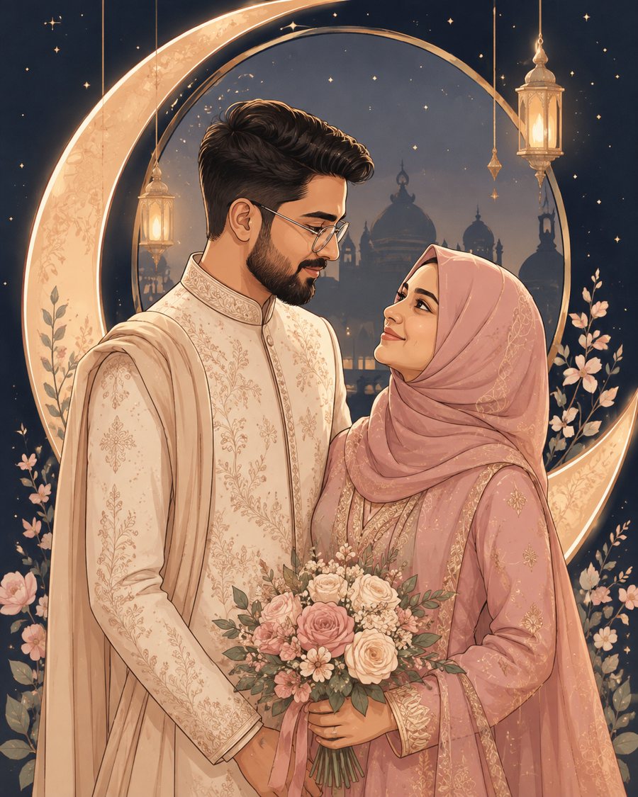 Illustrated portrait of the bride in a pink hijab and groom in an ivory sherwani, framed by a golden crescent moon, hanging lanterns, florals, and a mosque silhouette skyline