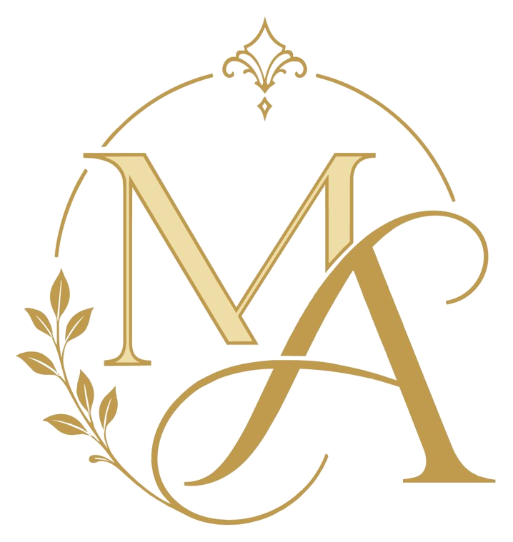 Mohammad and Arwa wedding monogram, initials M and A entwined with a botanical wreath